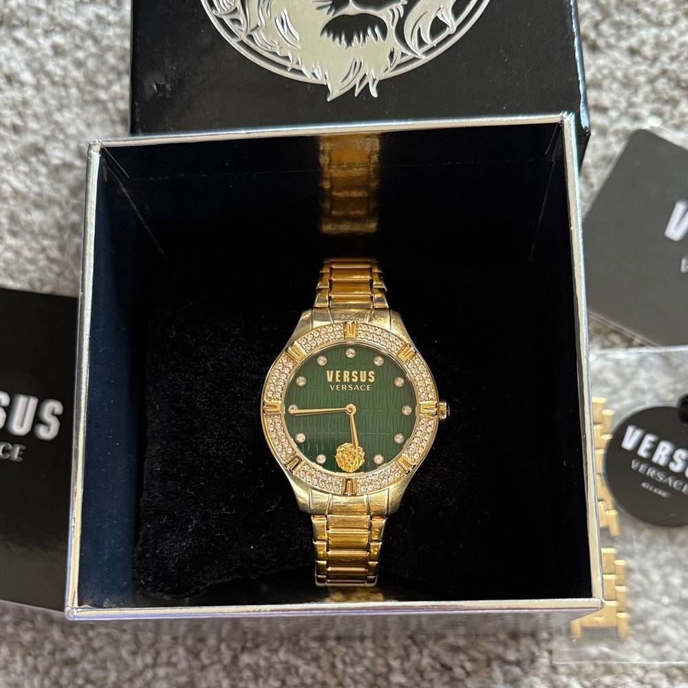 NWT Versus Versace Diamond Bezel Gold and Green Women’s Watch
